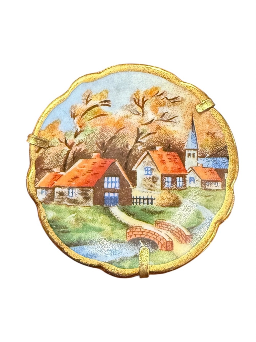 Vintage Limoges France Porcelain Scenic Brooch Hand Painted Rare Mid Century